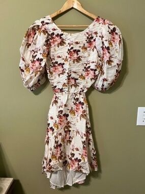 Sea New York Esme Floral Pleated Puff Sleeve Open Back Mini Dress Size XS